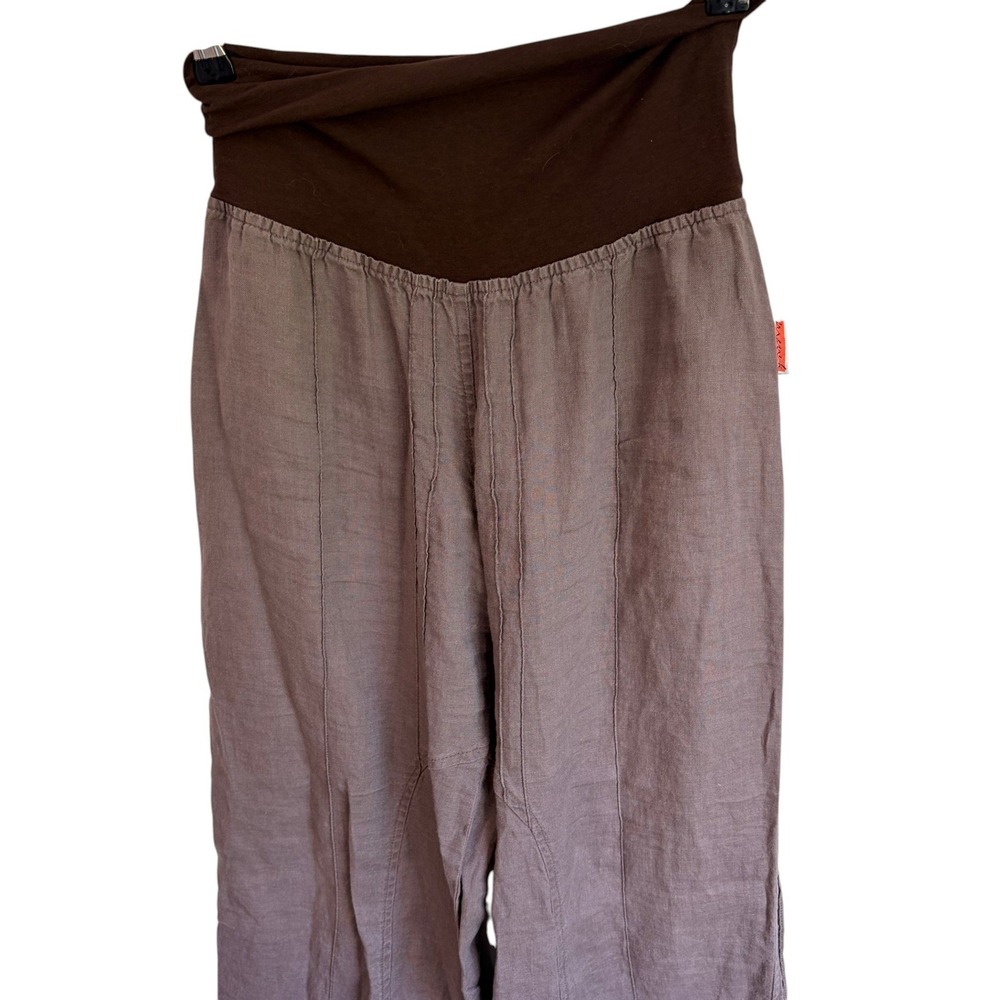 Vintage Linen Wide Leg Foldover Pants Lagenlook Brown Trousers Boho Earthy Y2K - Picture 2 of 6